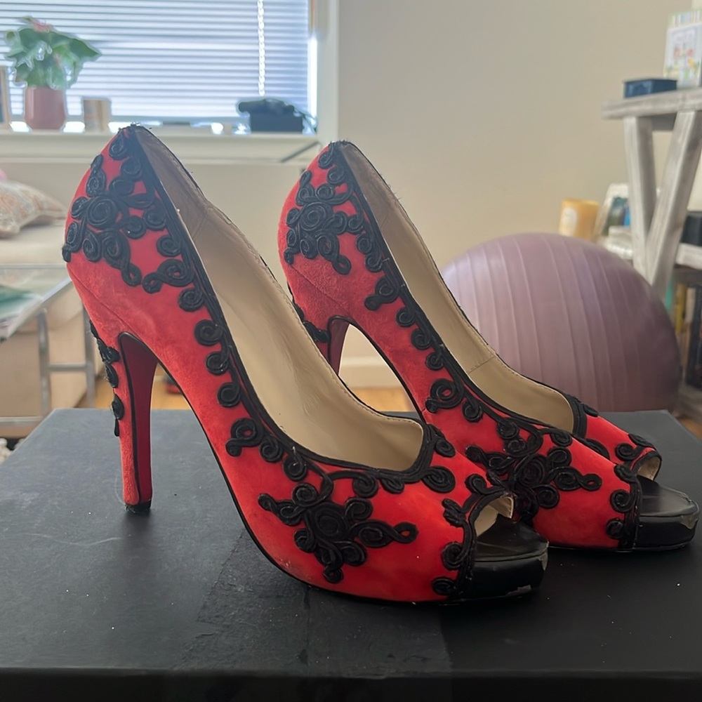 Christian Louboutin Red & Black Peep Toe Heels size 39